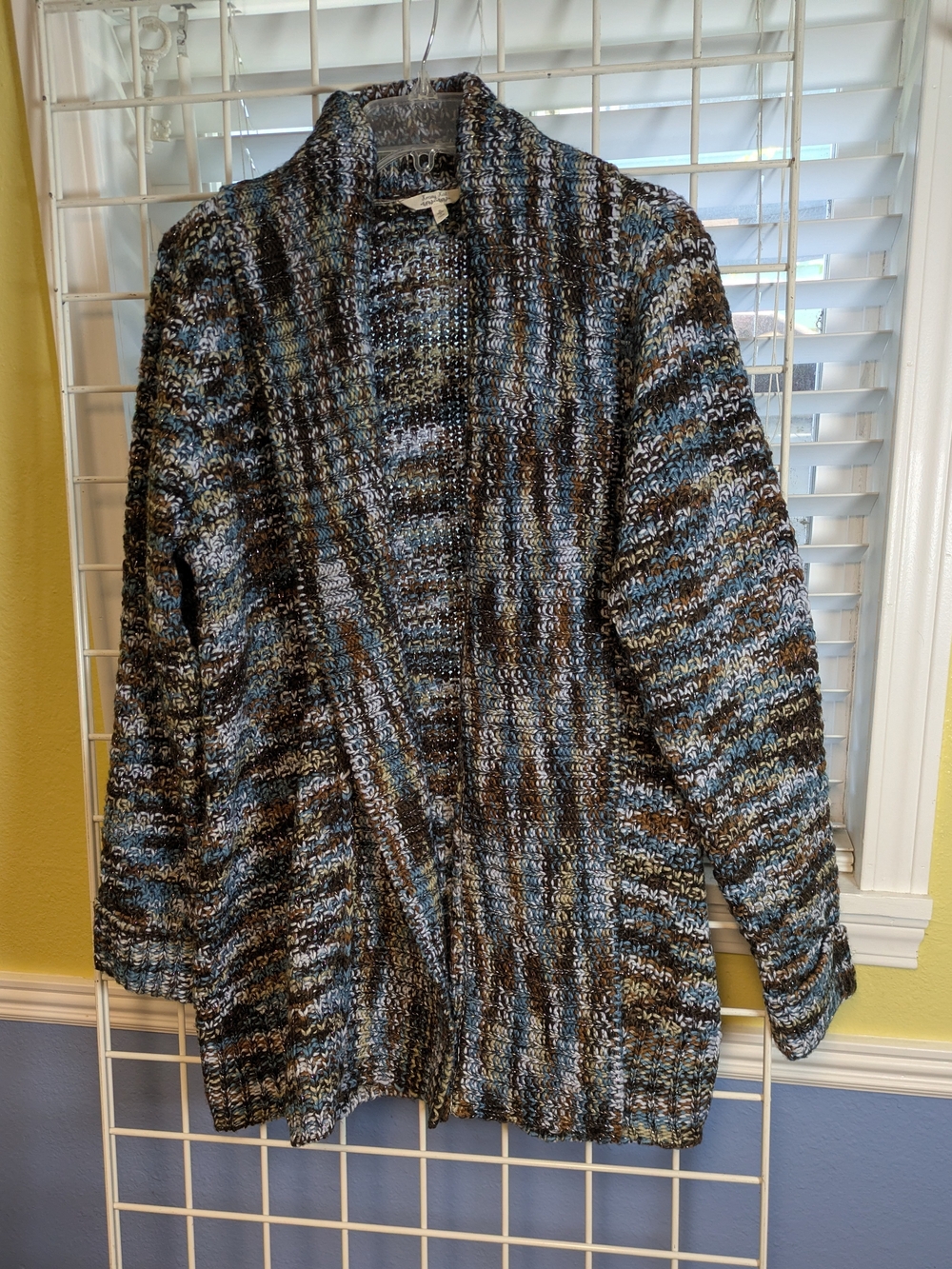 Y2K Blue Gray Brown Silver Striped Open-Front Women's Long Cardigan